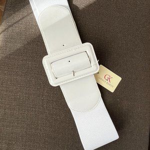 White Patent Leather Waist Belt with Rectangle Buckle and Elastic Band